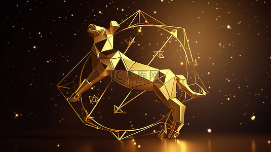 金色色调的射手座星座的 3D 插图，有充足的文本空间