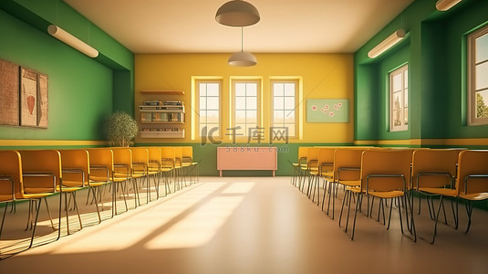 老式学校教室的 3D 渲染，配有黄色墙壁白色粉笔和绿色椅子