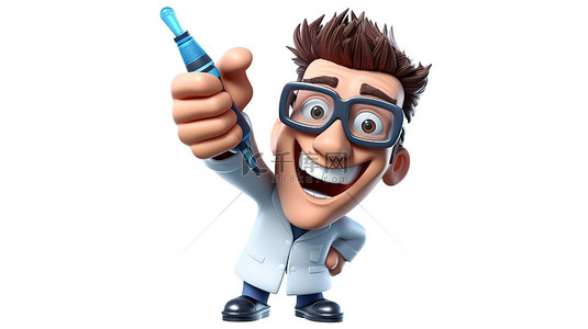 疫苗注射器背景图片_异想天开的医生卡通挥舞着一个灵活的注射器隔离在白色背景 3d