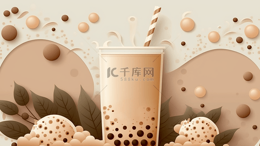 插画奶茶背景图片_奶茶美味绿叶背景