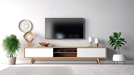 家居清背景图片_现代木制电视柜在干净的白墙上的 3D 渲染