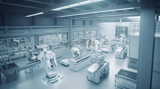 工厂内部背景图片_工厂内部机器人装配线的等距 3D 渲染