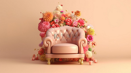 粉色花朵装饰背景图片_花朵装饰的米色扶手椅，以 3D 呈现的粉色和棕色背景为背景
