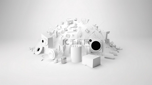 3D 渲染界面设计中多媒体和音乐图标的白色透视图