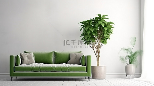 绿色沙发背景图片_当代生活空间 3D 模型，配有绿色沙发和最小的白色背景