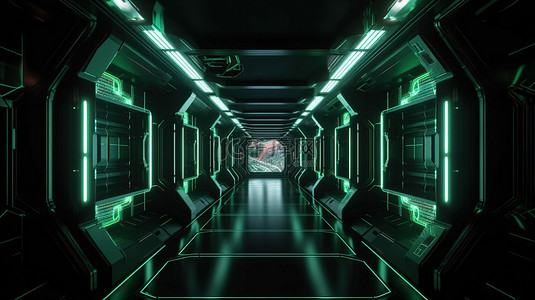 黑色背景上霓虹灯发光的绿色太空飞船走廊的科幻插图 3D 渲染