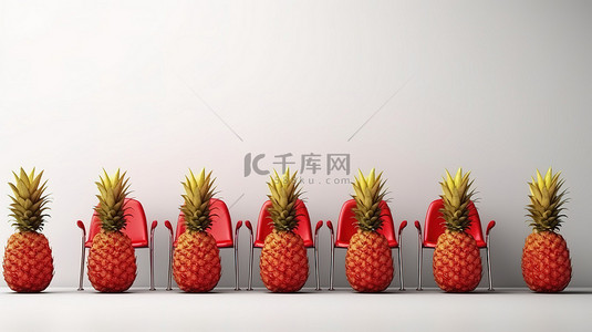 白色背景上一排办公椅的 3D 渲染，红色椅子上放着新鲜成熟的菠萝，作为热带健康的象征