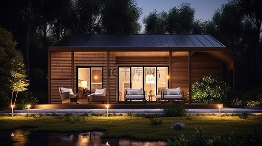夜间花园静修处的木屋外部与室外休息区的 3D 插图