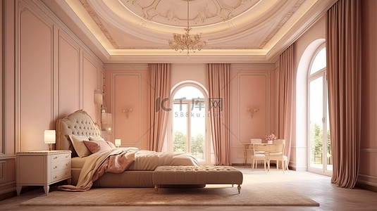 优雅的米色色调卧室设计，配有宽敞的窗户传统窗帘和别致的天花板聚光灯 3D 渲染