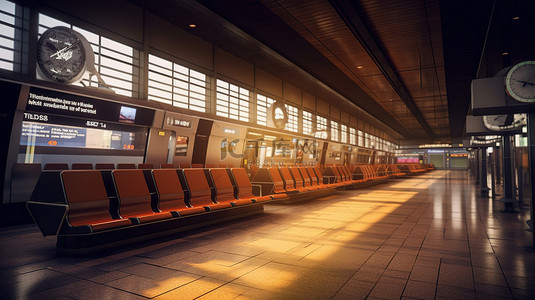 机场巴士或火车站内部国际出发区的 3D 渲染，标牌清晰