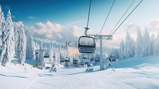 冰山背景背景图片_白雪皑皑的冬季滑雪目的地，配有电梯和充足的空间用于复制 3D 渲染