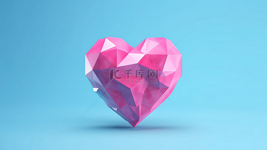 情人节简约心形背景图片_蓝色平面背景上粉红色的简约低聚心 3D 渲染图标，用于 ui ux 设计