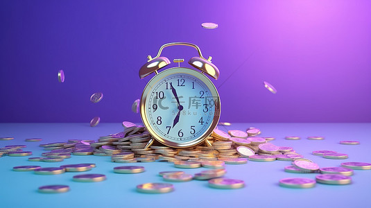 时间就是金钱 蓝色卡通闹钟和紫色背景硬币的 3D 渲染
