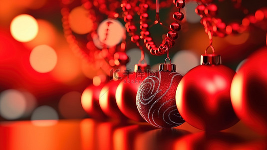 一棵树上圣诞装饰品的详细照片，周围环绕着散景花环，红色背景代表新年，并带有 3D 渲染插图