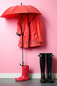 黑色的雨伞背景图片_一把黑色的雨伞一件红色的雨衣和靠墙的红色靴子