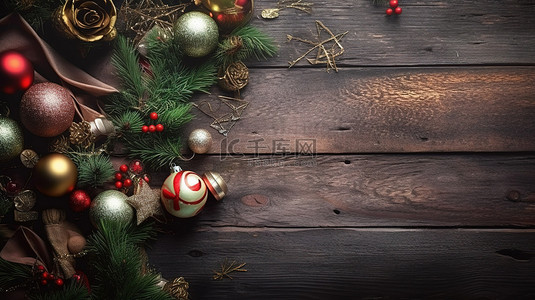 一张质朴的木桌，上面装饰着 3D 渲染的节日圣诞框架