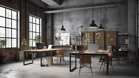 工业企业背景背景图片_3D 渲染工作区中的工业风格家具