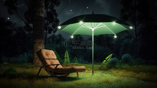 雨伞灯照明的森林和草地背景户外躺椅的夜间 3D 插图
