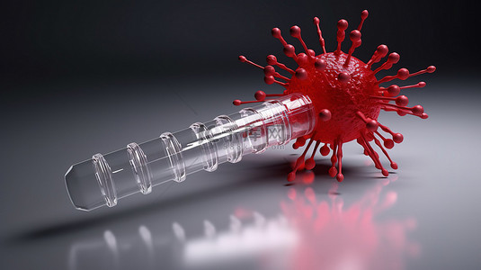 科技疫苗背景图片_3D 渲染注射器与红色病毒模型高科技插图