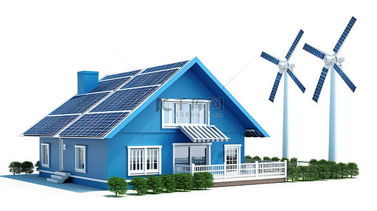 白色背景与 3D 渲染蓝色太阳能电池板风车和住宅建筑