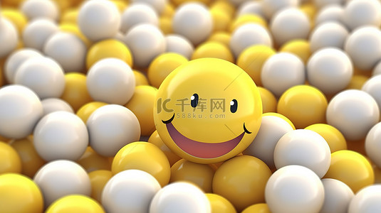 悲伤的表情符号背景图片_3D 渲染的白色大微笑的插图，里面充满了微小的黄色表情符号