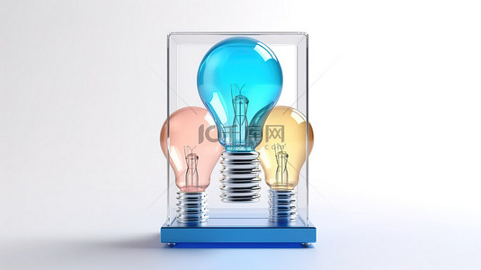 欢迎蓝色背景图片_最小概念理念 3D 渲染玻璃盒，带有重叠的彩色灯泡和白色背景上浮动的蓝色灯泡