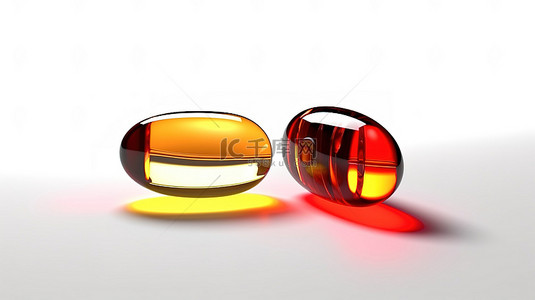 充满活力的 3D 艺术品，白色背景上有一对橙色和红色医疗胶囊，带有阴影