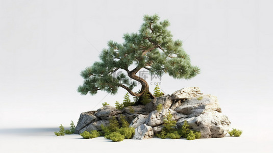 松树剪影背景图片_3D 渲染逼真的松树，周围环绕着白色背景上的石头