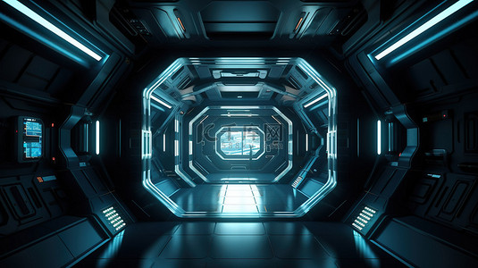 以 3d 呈现的未来派宇宙飞船房间舞台