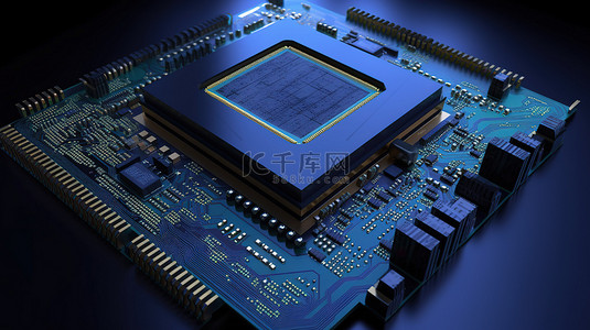 蓝色电路板 3d 渲染中的 cpu 芯片