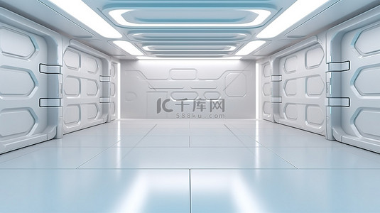 时尚现代的科幻房间，配有产品展示 3D 渲染