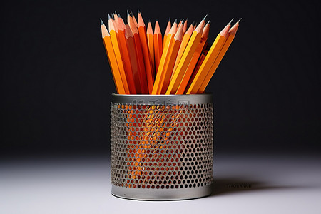 红色铅笔背景图片_金属铅笔盒装有橙色铅笔