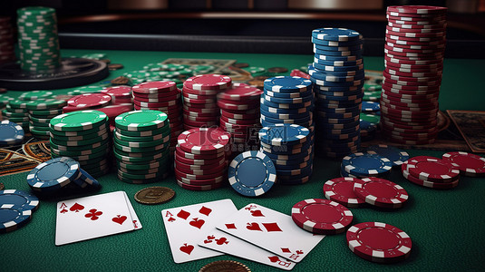 绿色桌子，上面有扑克筹码扑克牌红色骰子和金钱，赌场游戏的 3D 插图
