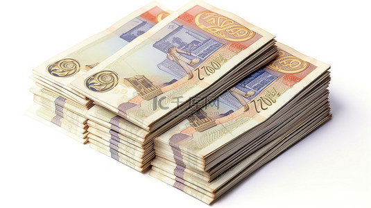 白色货币符号背景图片_白色背景上每张 5 英镑的 5 张埃及纸币的 3D 渲染