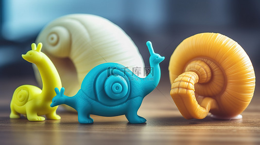 用于儿童网页横幅的动物大象蜥蜴和蜗牛人物的 3D 打印玩具