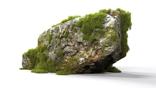 高度详细的 3D 渲染逼真的岩石模型，白色背景下长满青苔的表面