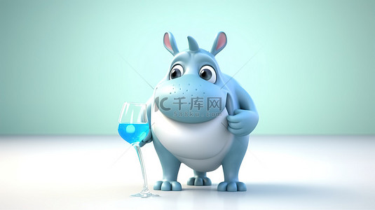 犀牛背景图片_有趣的 3D 犀牛卡通拿着一滴玻璃