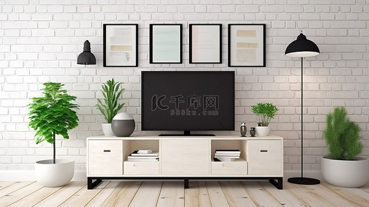 现代电视背景背景图片_白砖墙现代电视单元设计通过相框台灯和植物 3D 渲染增强您的空间
