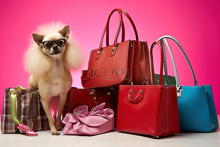 贵州省名牌背景图片_穿着名牌高跟鞋和购物袋的时尚狗