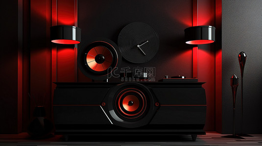现代黑色内饰，配有红色扬声器系统和老式时钟 3D 渲染