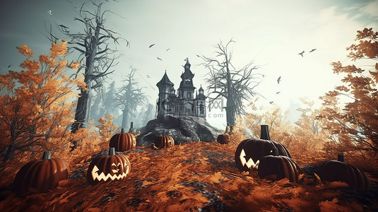 幽灵般的万圣节场景 3D 渲染闹鬼的城堡怪异树木和杰克 o 灯笼