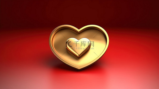 红色哑光金板，带有 3D 渲染的心形符号和金色饰面社交媒体图标