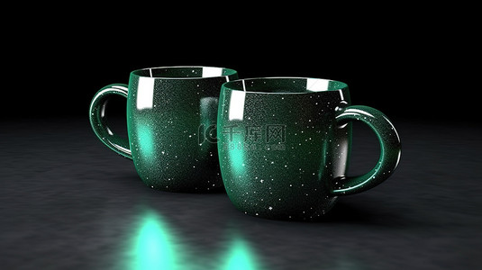 金属茶杯背景图片_黑色背景特写镜头上带有薄片的金属绿色咖啡杯的 3D 渲染