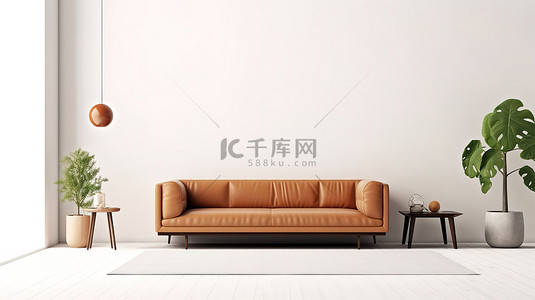 别致而时尚的客厅，白墙渲染上配有棕色皮革沙发