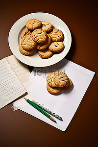 饼干曲奇背景图片_桌上的纸盘铅笔和饼干