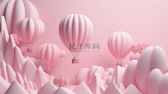 空中风格的粉色飞机和白色气球在 3D 纸艺术渲染中翱翔