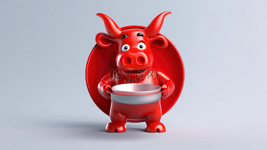 盘子背景图片_有趣的 3d 红牛平衡盘子