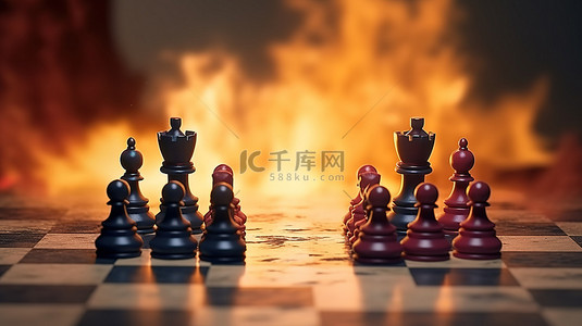 3D 艺术作品中国际象棋棋盘游戏的激烈冲突