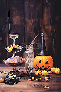 桌上甜点背景图片_木桌上的万圣节派对甜点与万圣节帽子