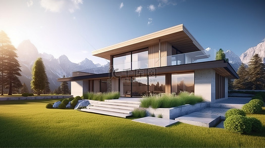 草坪住宅背景图片_豪华现代住宅，拥有美丽的草坪和山区背景，3D 渲染